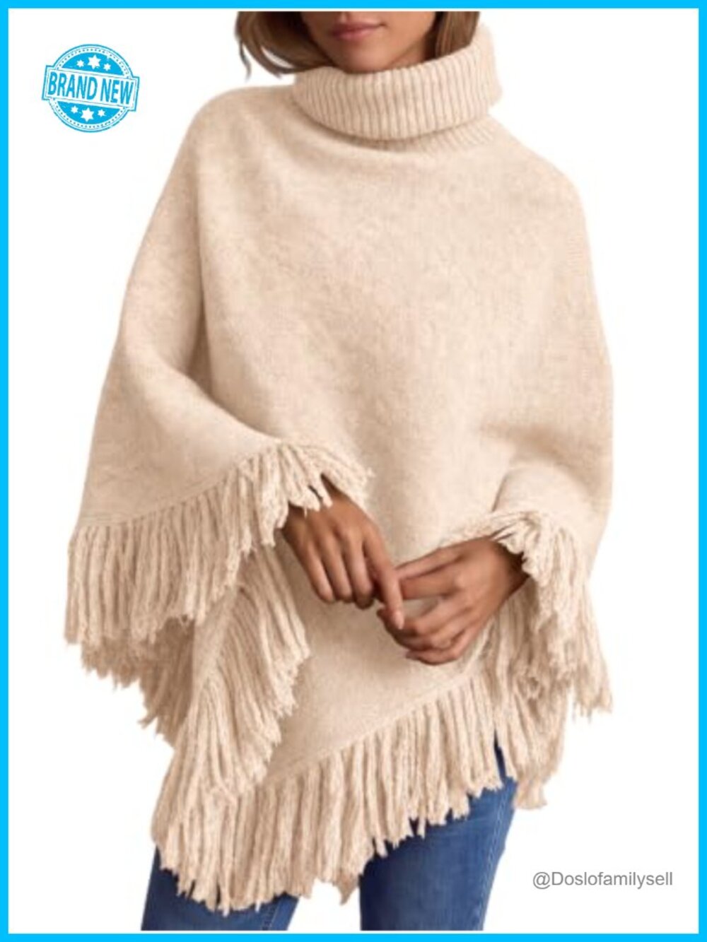 Fringe Turtleneck Poncho Sweater Wrap Cape Shawl Knit